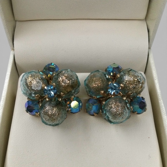 Vogue Jewelry - Vintage Signed VOGUE Cluster Earrings - Gold Tone, Blue & AB Rhinestones